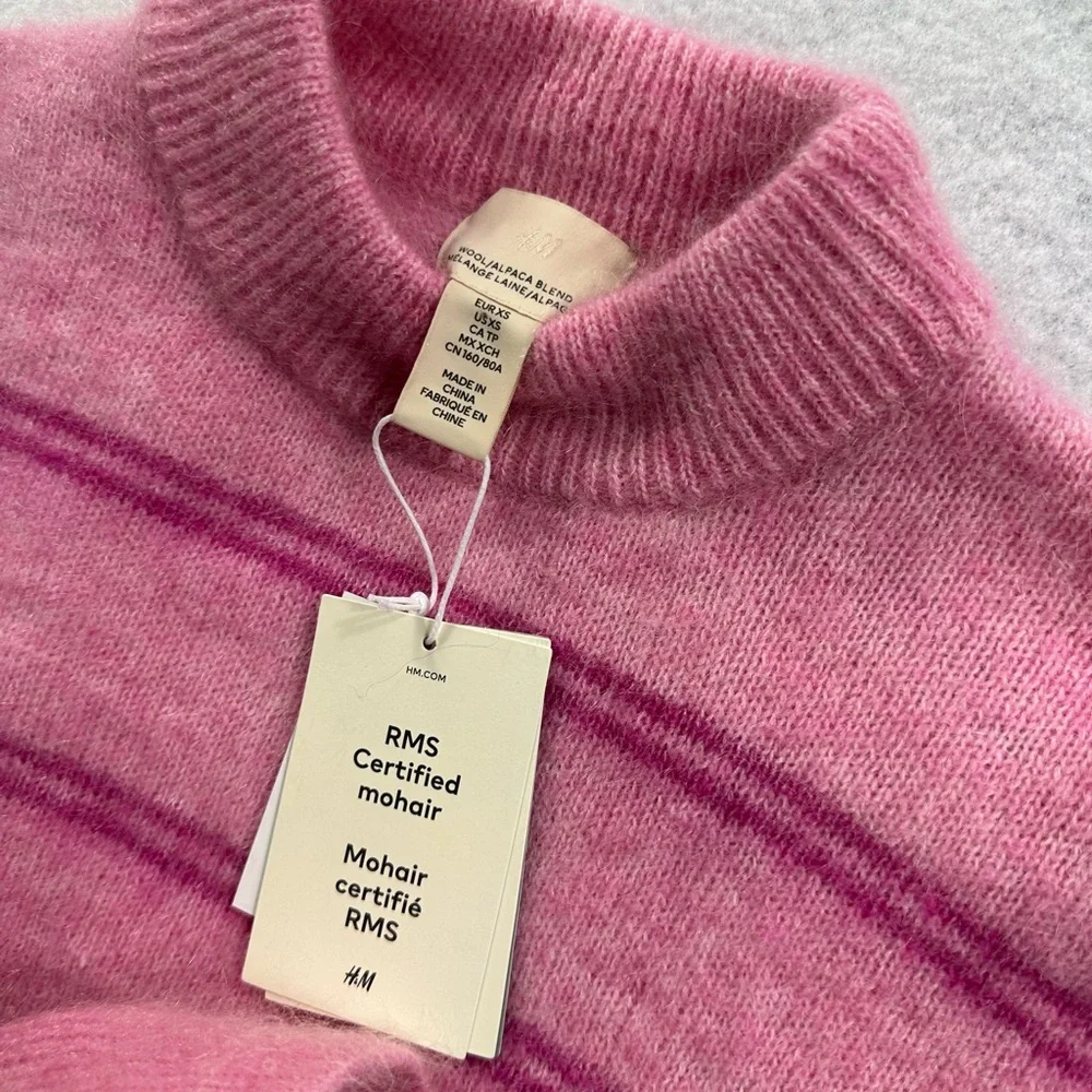 H&M Wool Mohair Blend Fuzzy Pink Split sleeve Hem Sweater Size XS NEW NWT